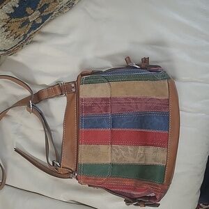 Vintage Fossil Patchwork Embossed Leather Boho Cross Body Strap Purse